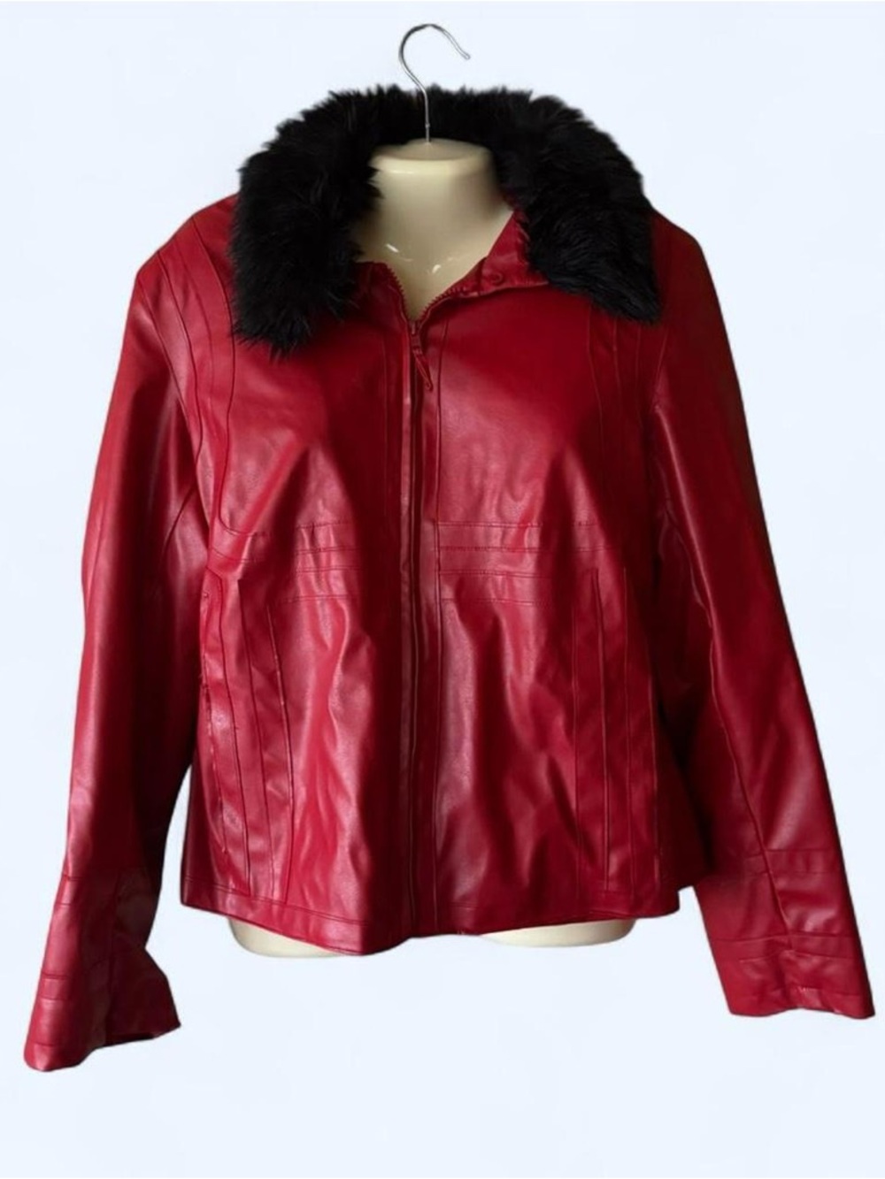 metrostyle Red Faux Leather Jacket with Black Faux Fur Collar